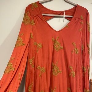 FREE PEOPLE EMMA SWING DRESS IN ORANGE WITH GOLD EMBROIDERY
